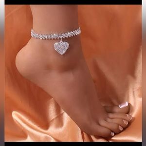 Anklet Silver rhinestones with Heart pendant
